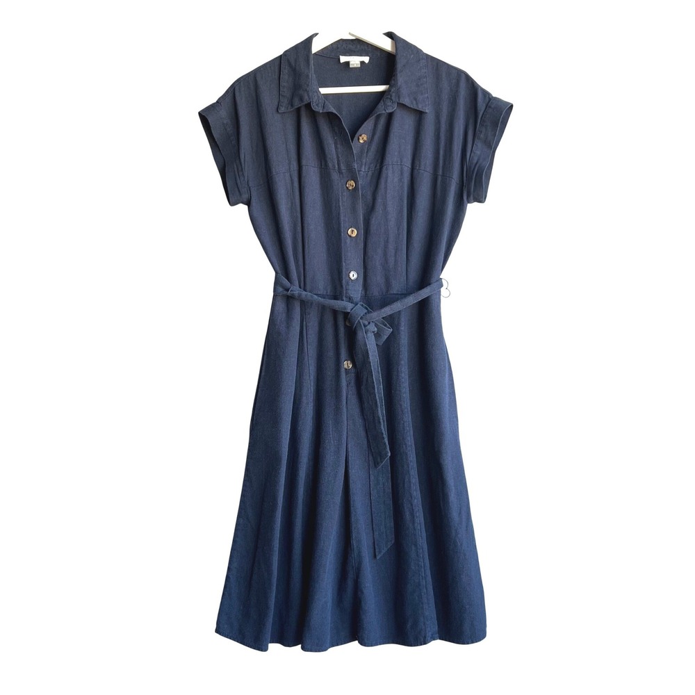Calvin Klein Linen Navy Blue Button Down Shirt Dress Short Sleeve Womens Size 8